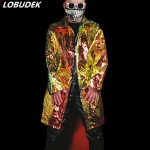 Ослепительная Золотая куртка из искусственной кожи, Крутое Свободное пальто для ночного клуба, Мужская одежда для сцены в стиле панк, хип-хоп, костюмы для выступлений