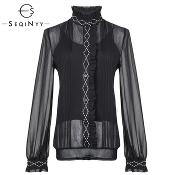 

SEQINYY Vintage Shirt 2019 Spring Summer Woman's New Long Sleeve Embroidery Fashion Turn Down Collar Luxurious Solid Slim Shirt