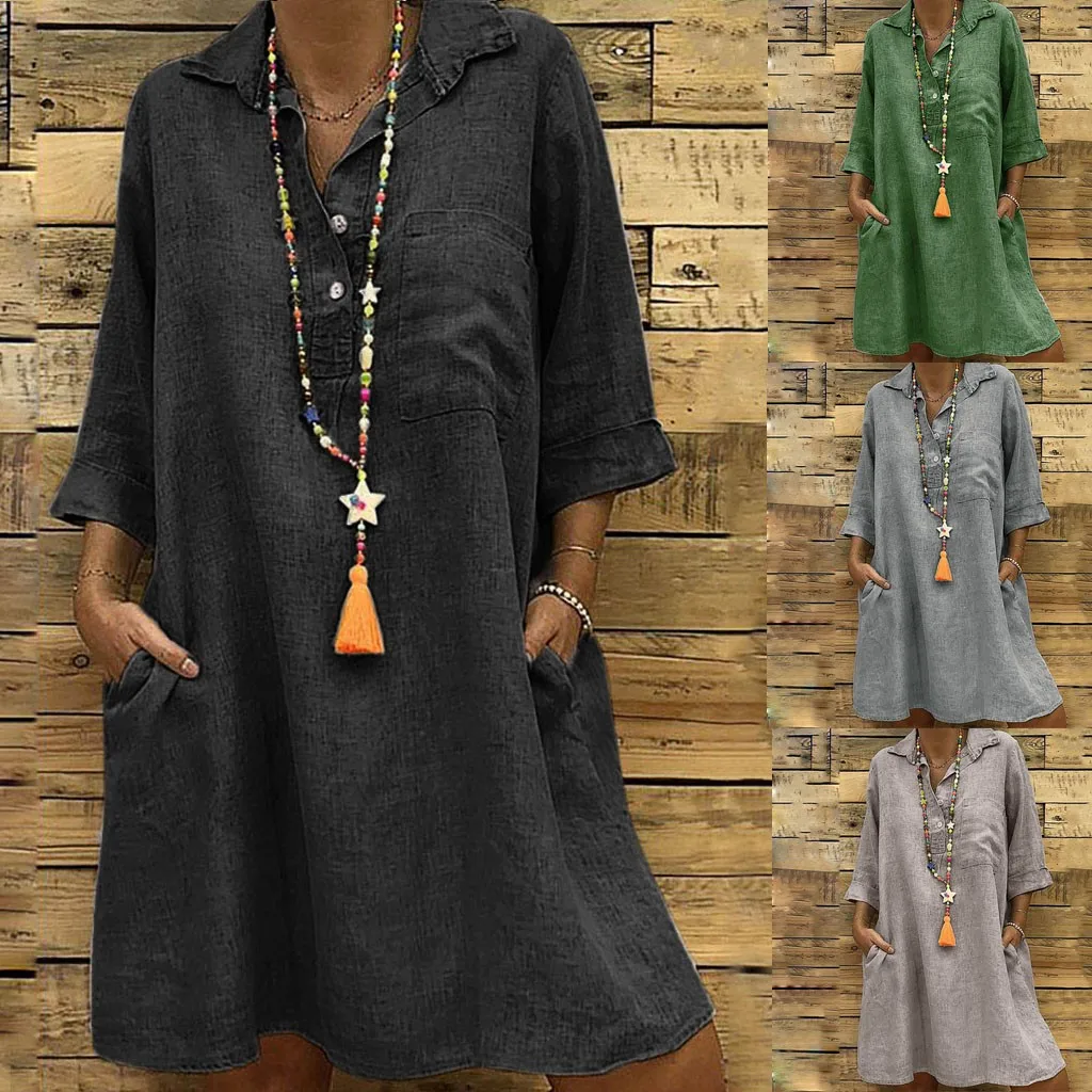 Womens Midi Bohemian Dress Ethnic Style Cotton Linen Turn-Down Collar Dress Plus Size S-5XL 3//4 Sleeve Pocket Button Dress