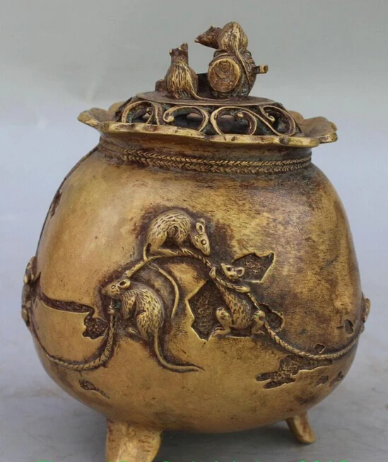 

6" Marked Chinese Pure Bronze Auspicious Mouse rat incense Burner Censer Statue S0708