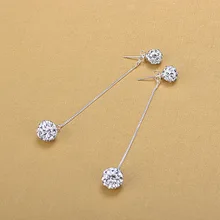 Ювелирные изделия из стерлингового серебра 925 пробы серёжки, линия уха двойной хрустальный шар женские длинные серебряные серьги-гвоздики