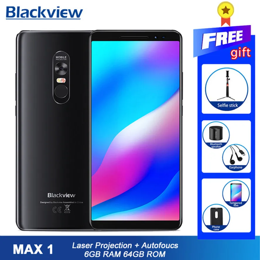 

2019 Blackview MAX 1 Smartphone NFC OTG LTE GPS 6.01'' 4680mAh Android 8.1 Mini Projector Portable Home Theater 6GB+64GB Max1