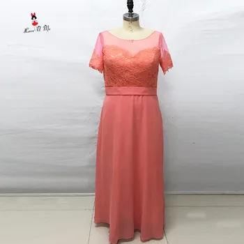 

Coral Colored Bridesmaid Dresses Short Sleeve Lace Wedding Guest Wear Dress Long Party Gowns Robe demoiselle d'honneur 2017