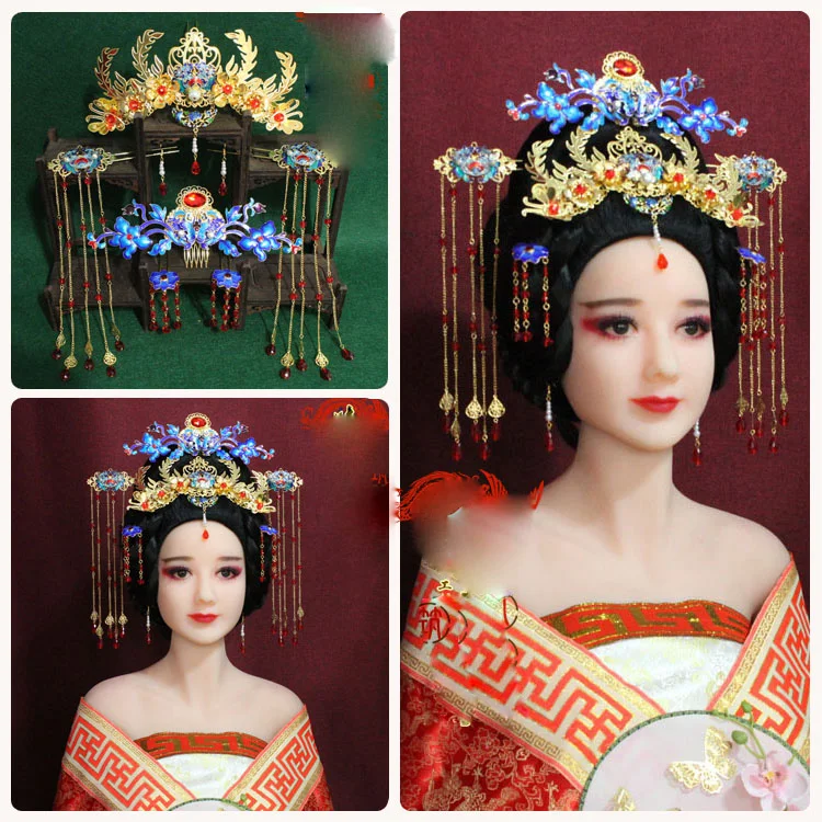 

A356 Blue Cloisonne Hair Tiara Traditional Chinese Bride Wedding Tiara Princess Hair Accessory TV Play Stage Photography Hat