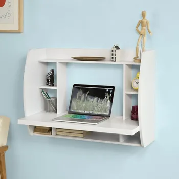 

Wall-mounted Table Desk with Storage Shelves and Drawers Home Office Desk Workstation SoBuy FWT18-W