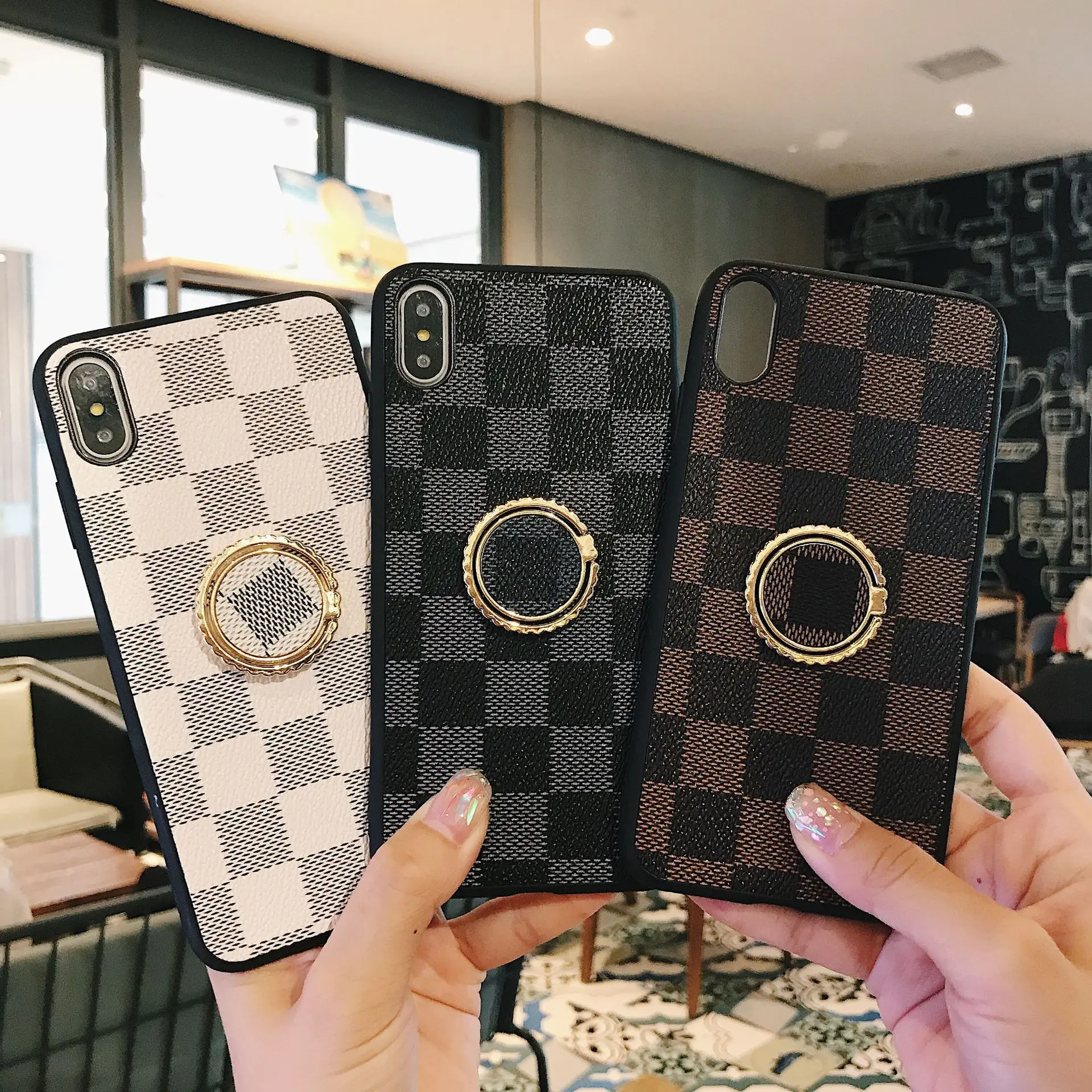Fashion Leather square lattice ring bracket mobile phone shell for iphone XS MAX 7 8 Plus | Мобильные телефоны и