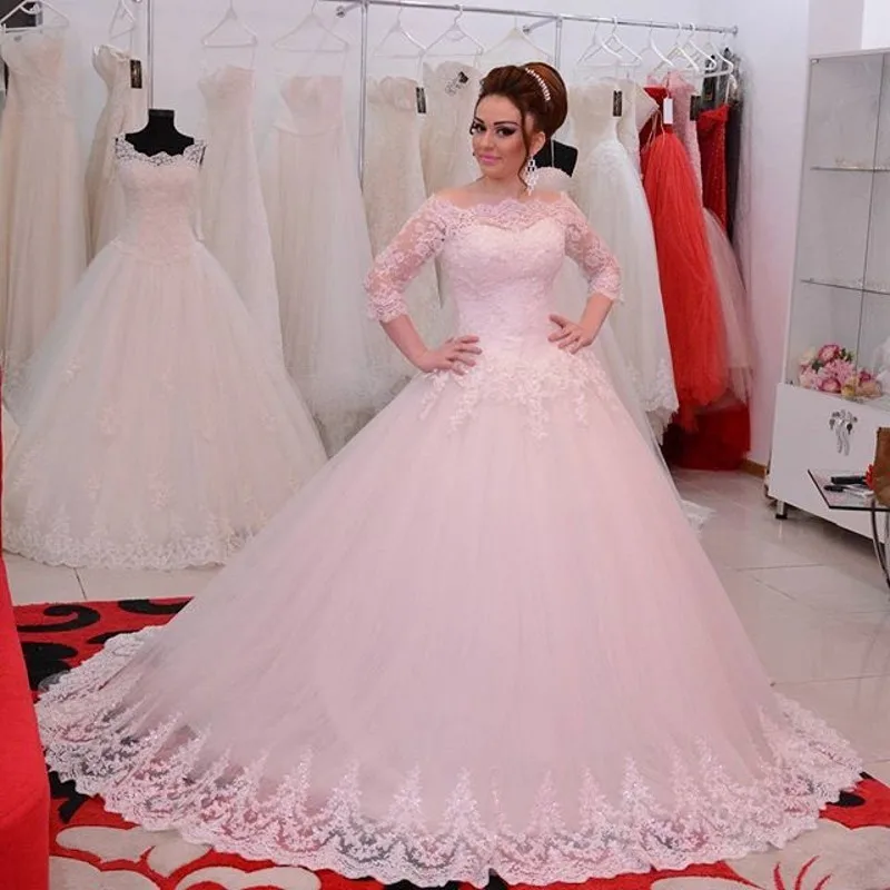 New-Arrival-Wedding-Dress-Plus-Size-2016-Ball-Gown-Half-Sleeve-Lace-Bodice-Dubai-Women-Bridal
