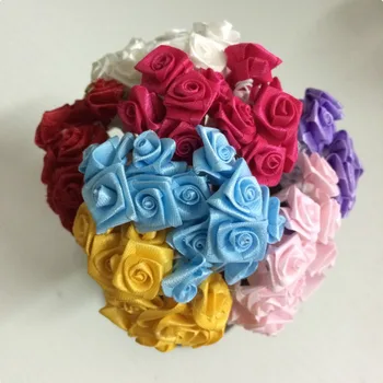 

2014 new 1.5cm head Mix colour Mulberry satin ribbon Flower Bouquet/wire stem/ Scrapbooking artificial rose flowers(144pcs/lot)