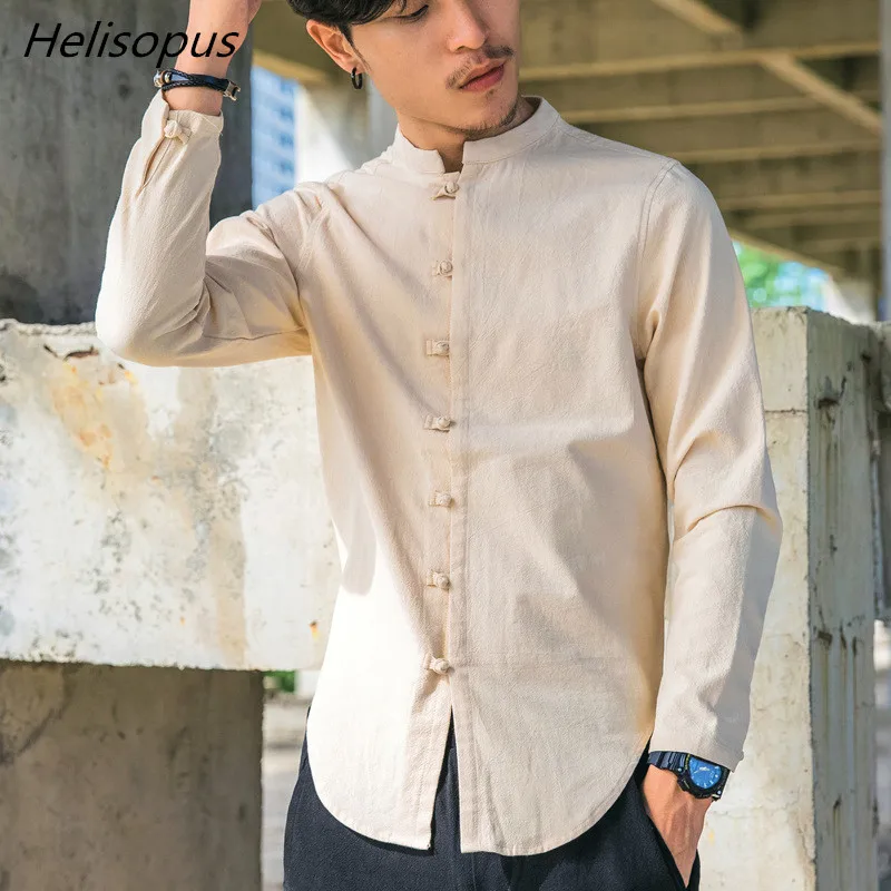 Helisopus Men's Solid Cotton Linen Shirt Chinese Style Mandarin Collar ...