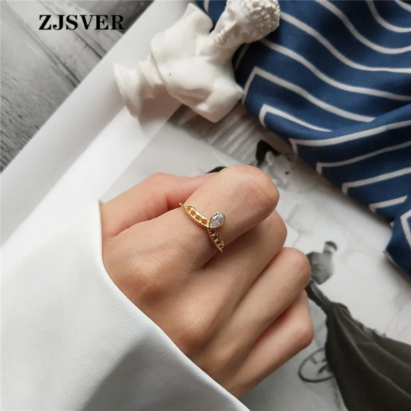 

ZJSVER Korean Jewelry 925 Sterling Silver Rings Golden Fashion Crown With Crystal Opening Adjustable Women Ring Attend Banquet