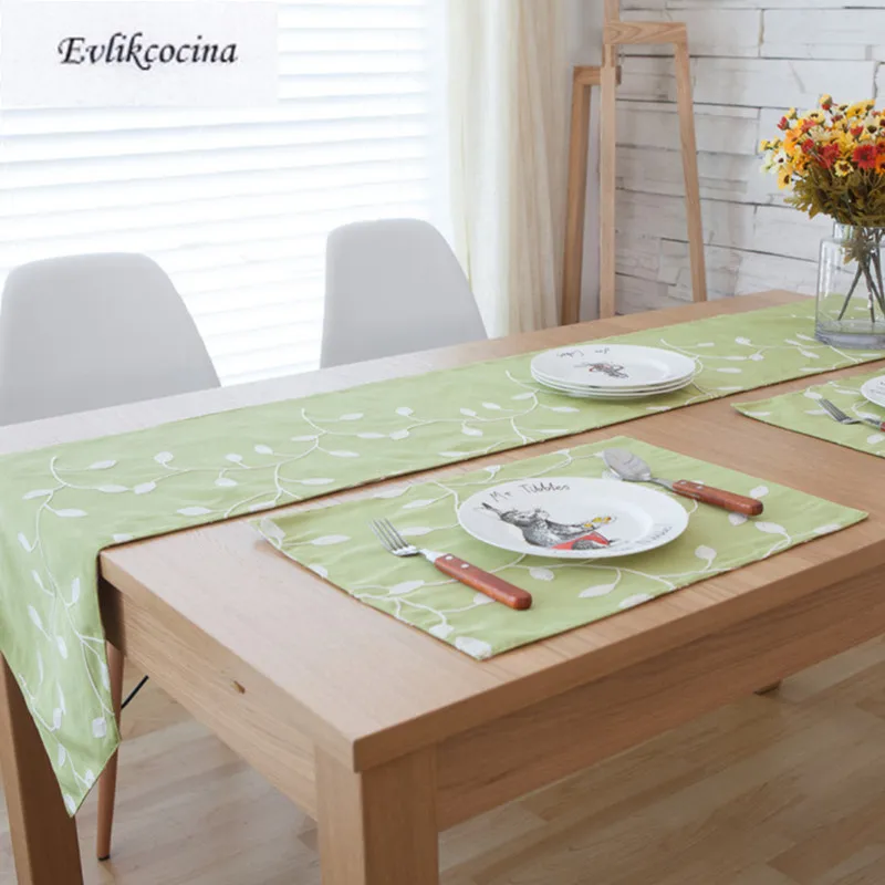 

Free Shiping Green Embroidered Vine Leaf Table Runner Cover Linen Coton Corridore Della Tabella Chemin De Table decoracion hogar