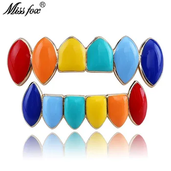 

Missfox Grillz Hip Hop Rapper Hot Selling Personality Hipsters Teeth Grills 18k Gold-plated Colorful Bright Face Braces