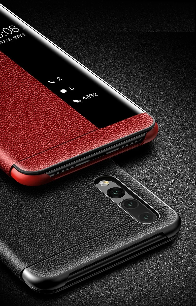 Smart Touch Window View Genuine Leather Flip Cover Case For Huawei P30 P20 lite Mate 9 10 20 Pro Phone Case For Huawei P10 Plus