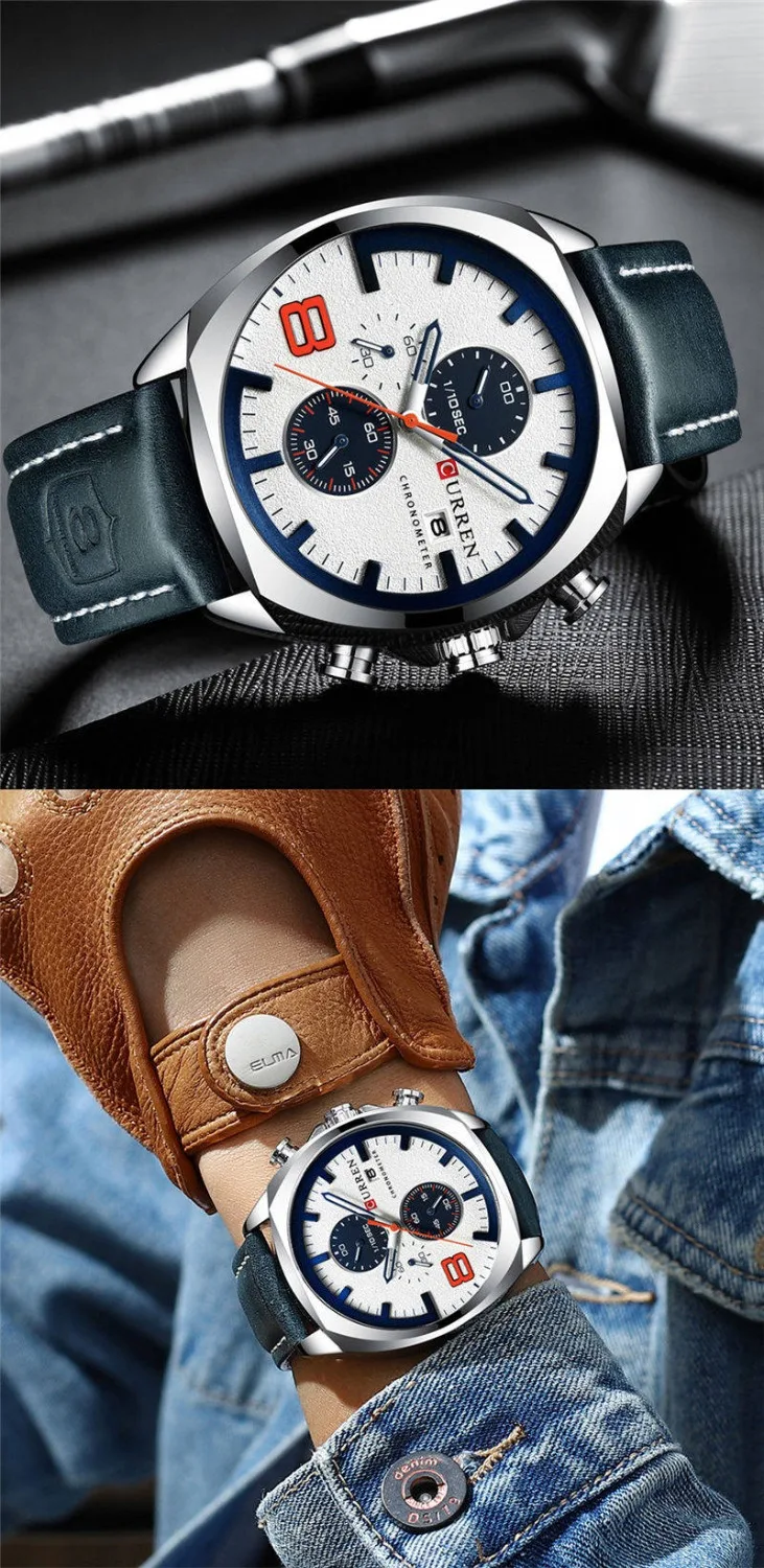 Curren Мужские часы водонепроницаемые Хронограф Спортивные Военные мужские часы лучший бренд роскошные кожаные мужские наручные часы Relogio Masculino 8324