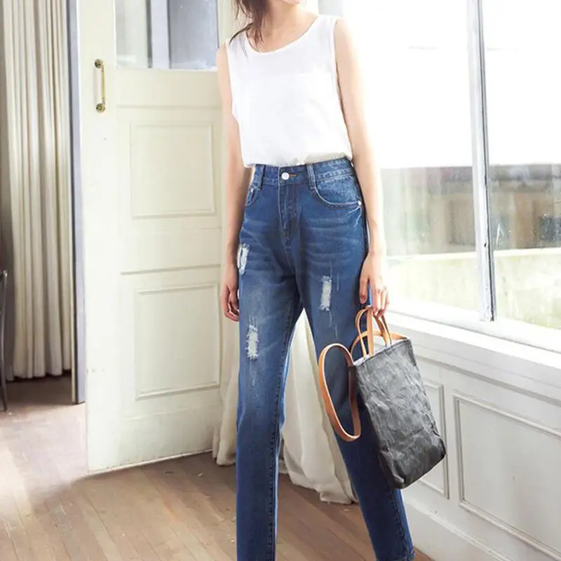 2019 New Yfashion Women Casual Spring Loose High Waist Straight Jeans with Pockets 2019 New Yfashion Women Casual Spring Loose High Waist Straight Jeans with Pockets