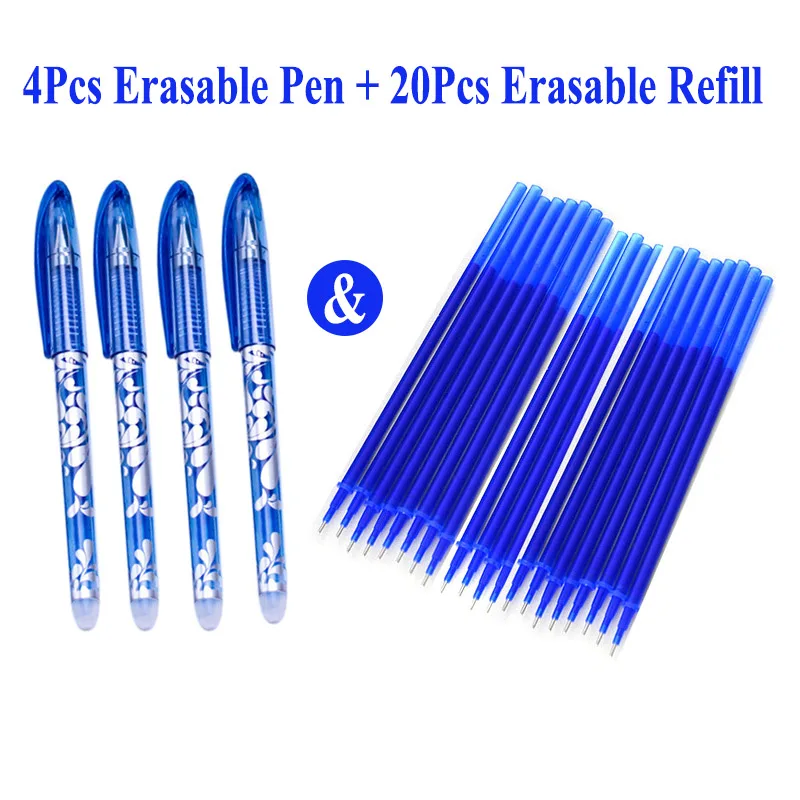 

4+20Pcs/Set 0.5mm Erasable Gel Pen Erasable Pen Refill Rod Blue Black Ink Washable Handle School Stationery Office Writing Tools