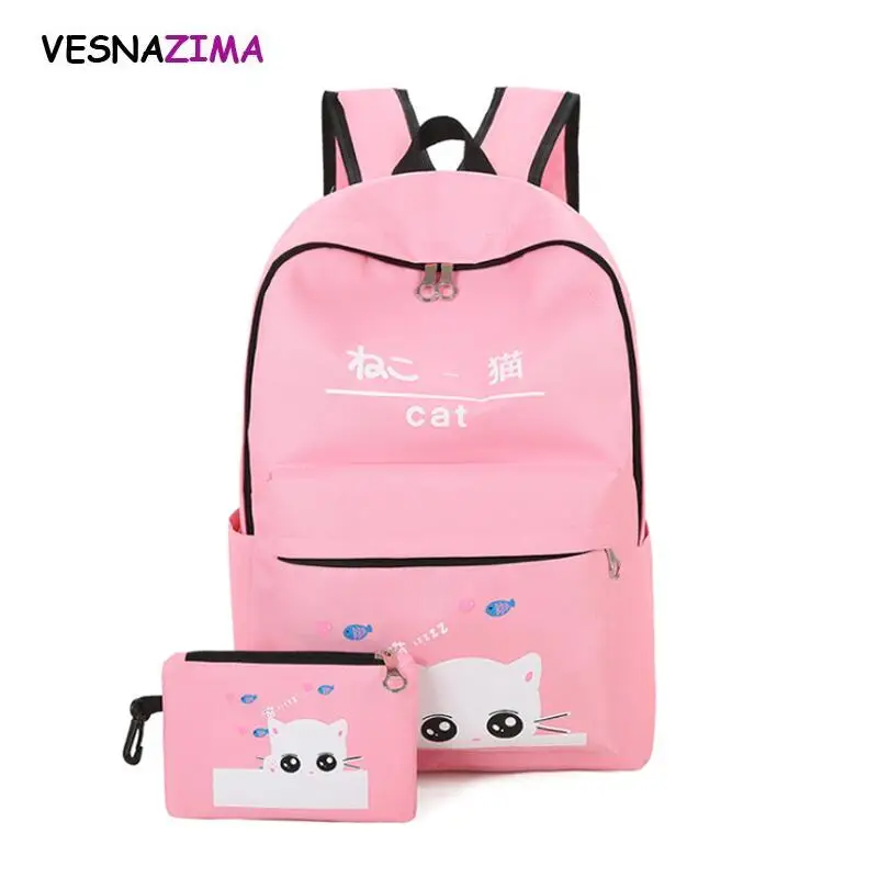 

Vesnazima 2 Pcs/set Women Backpacks Cute Cat School Bag for Teenage Girls Printing Canvas Backpack Ladies Shoulder Bags WM232Z