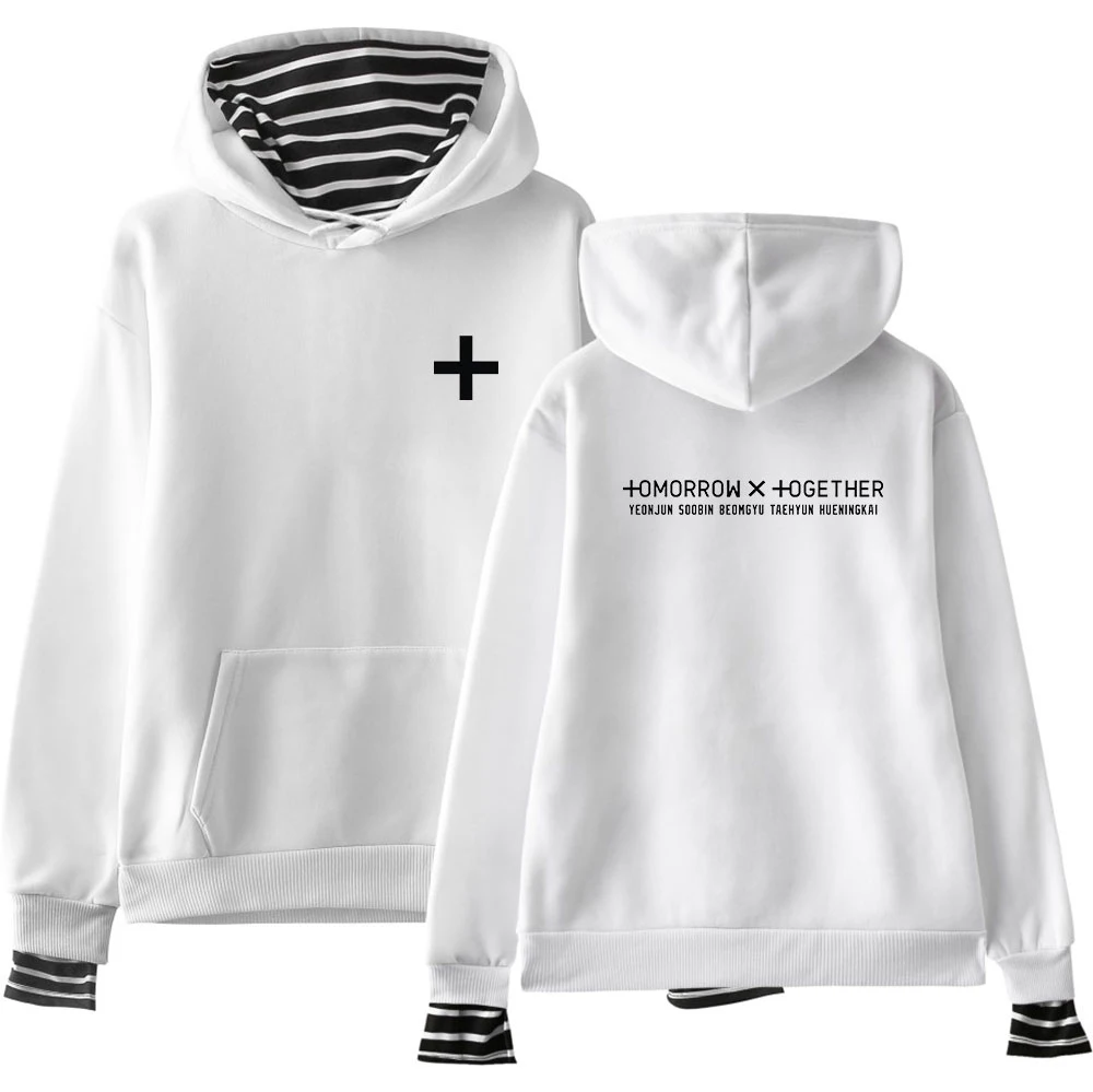 Hoodies da Forma para Mulheres Comprida com Capuz da Camisola 2020 de Venda Amanhã Juntos Falso Duas Peças Manga Quente Kpop Hoodies Streetwear Txt x 3 Hoodies Da Forma Das Mulheres Manga Comprida