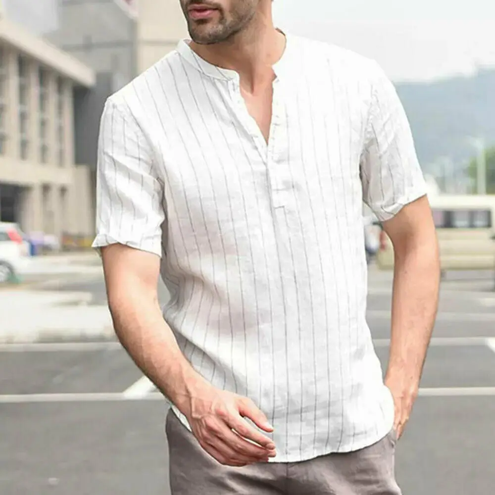 Hot Summer Men s Shirts Linen V Neck Short Sleeve Striped Basic Pullover Gray Slim Tee 3
