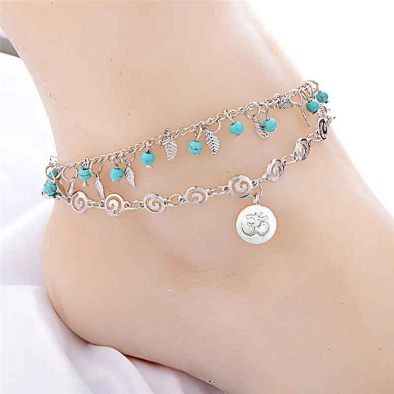 1Pc New Bohemia Style Leaf Flower Multilayer Anklet Vintage Spiral Style Round Pendant Anklet For Women Charm Chain Foot Jewelry