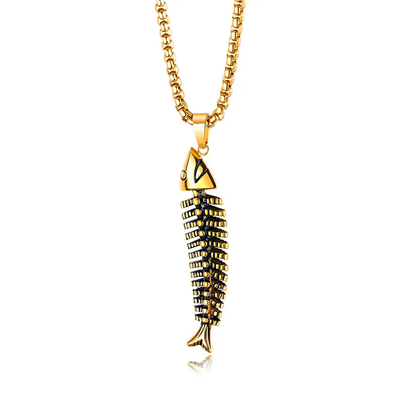 

Modyle Hip Hop Chain For Men Big Fish Bone Statement Pendant Necklaces Gold Color Stainless Steel Fishing Jewelry