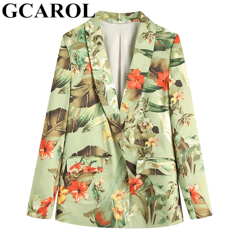 

GCAROL 2019 New Open Stitch Floral Printed OL Suit Notched Collar Tropical Floral Green Blazer 2 Pockets Summer Spring Outfits