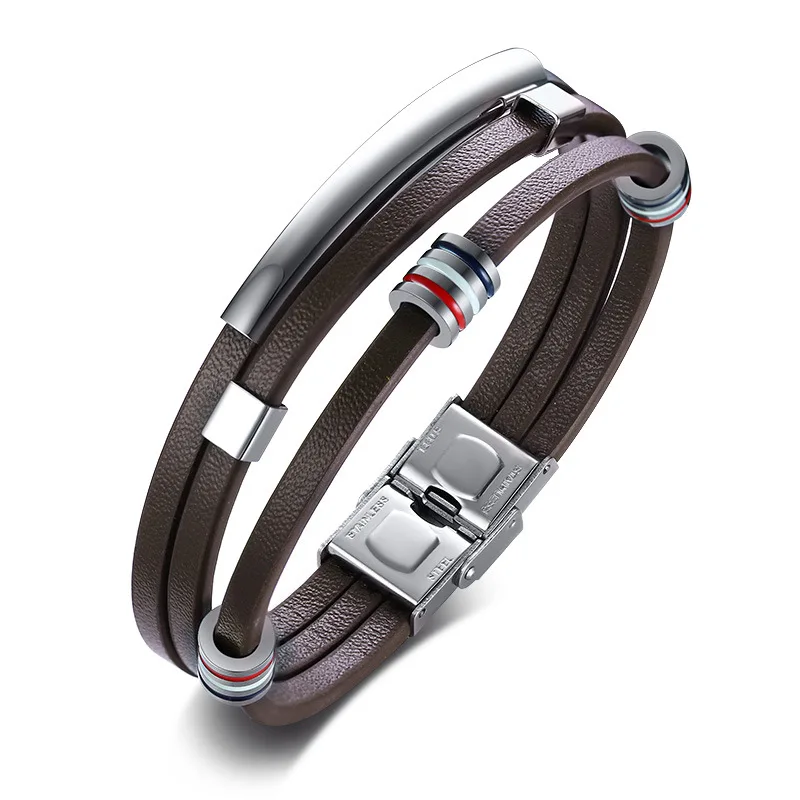 

Genuine Leather Stainless Steel Men Bracelets Multi Layer Coffee Bangles for Male Boyfriend Fashion Jewelry Accessories Gift