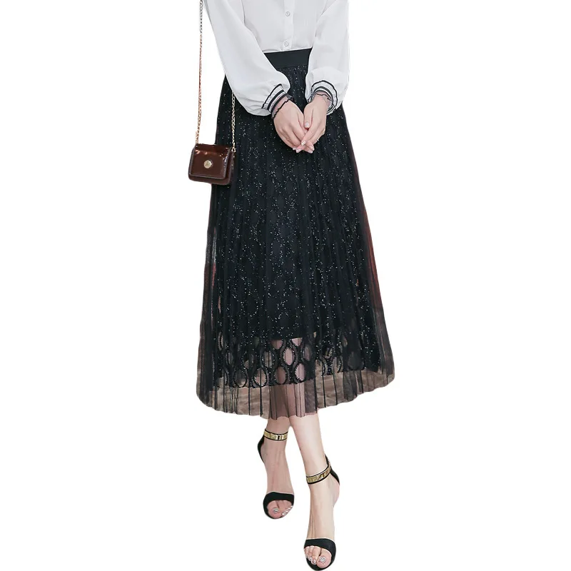 1521 Женская сетчатая юбка прозрачная Высокая талия эластичные плиссированные юбки выдалбливают Черный Белый Хаки Женская юбка из тюля Harajuku