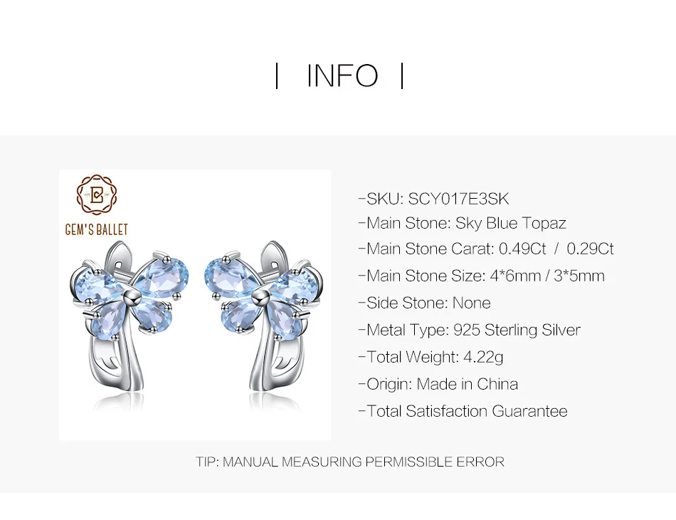 GEM'S BALLET 925 пробы, серебряные серьги-гвоздики с бабочкой, 3.15Ct, натуральный голубой топаз, серьги с драгоценным камнем для женщин, хорошее ювелирное изделие