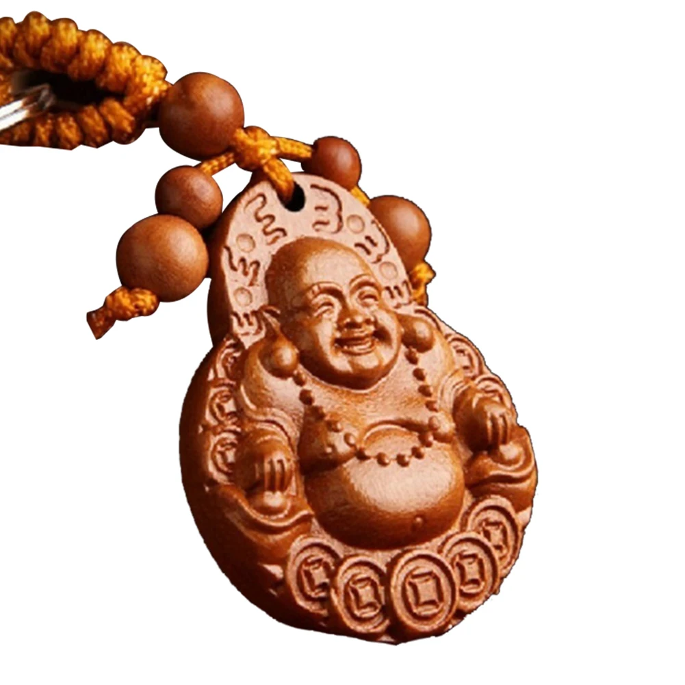 

Natural Peachwood Keychain Lucky Laughing Buddha Pendant Key Ring Ornament Gift
