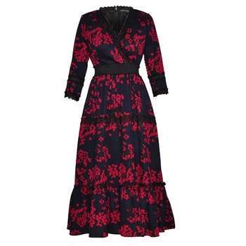 

Vintage Flower Print Women Dress Elegant V-Neck A-Line Dresses K1022