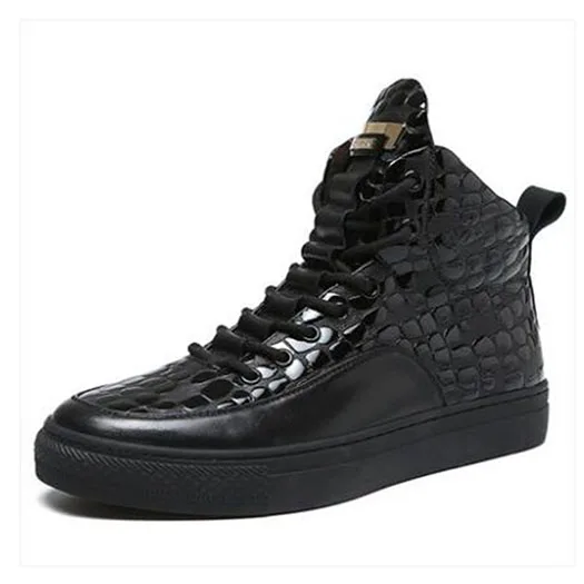 Мужские черные ботинки из лакированной кожи; настоящая обувь; зимние высокие кроссовки из крокодиловой кожи; кроссовки с натуральным лицевым мехом на молнии; Подиумные ботинки - Цвет: Черный