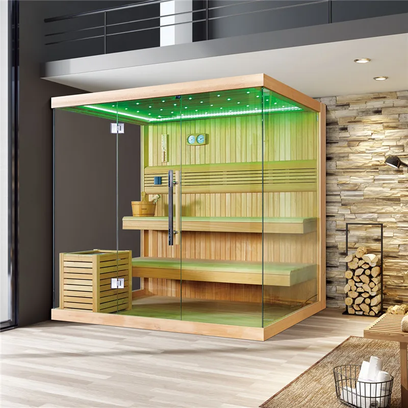

Newest design dry sauna room with Harvia stove and LED Lights M-6041 African white wood Sauna house