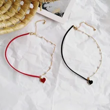 Simulated Pearl Choker Necklace For Women Black Red Velvet Heart Pendants Necklaces Punk Gothic Chokers Neck Jewelry