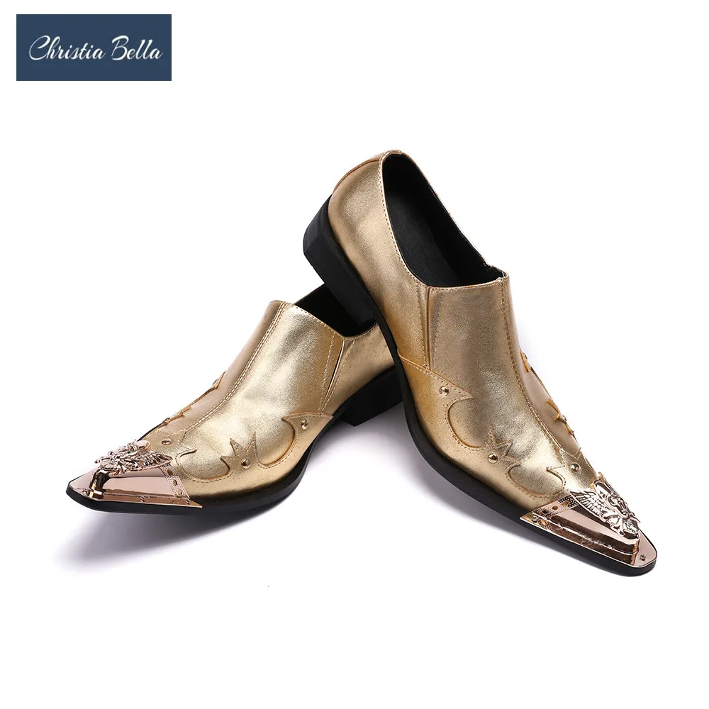 Christia Bella Newest Luxury Gold Crystal Men Dress Shoes Fashion Bling Bling Flat Shoes Slip-On Party Shoes Formal Shoes