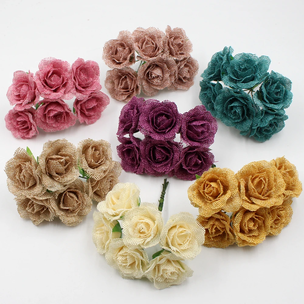 

6pcs/lot Artificial Flower 4cm Linen Rose Bouquet for Wedding Party Decoration DIY Wreath Scrapbook Gift Box Craft Flower