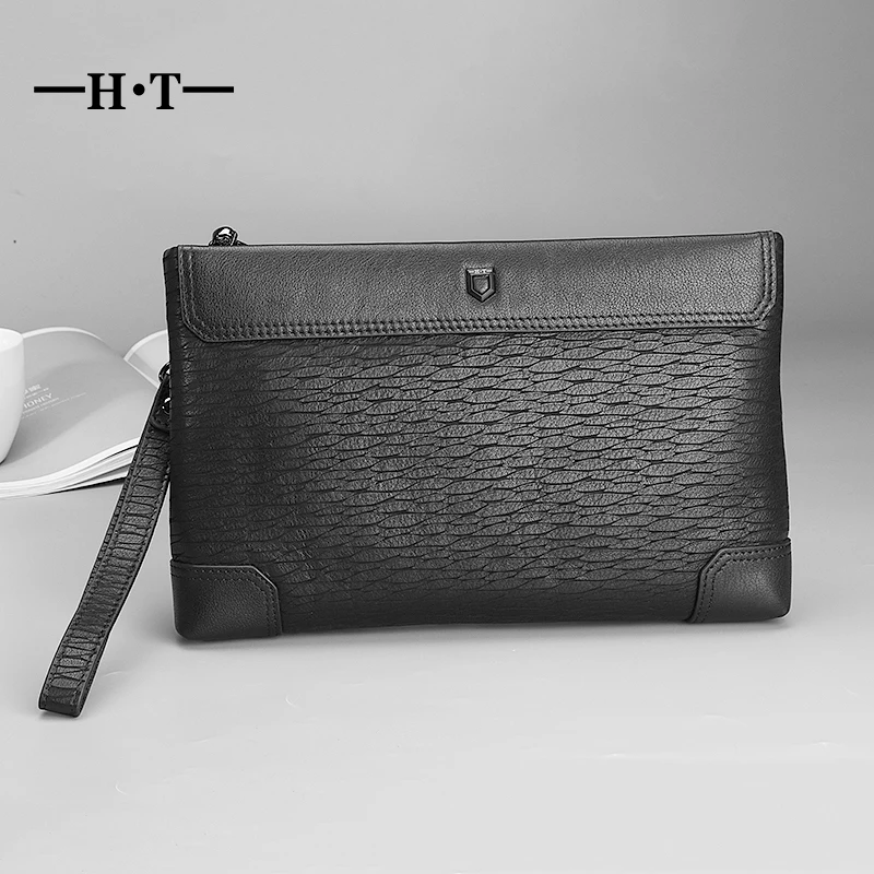

HT Cowhide Leather Clutches Bag Men Envelope Handy Bags Genuine Leather Long Purses Zipper Embossing Carteira Masculina Luxury