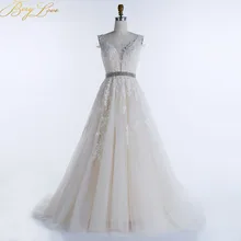BeryLove Свадебное Платье трапециевидного силуэта, светильник цвета шампанского, v-образный вырез, открытая спина, вышитое бисером кружевное свадебное платье, свадебное платье для невесты, недорогое свадебное платье