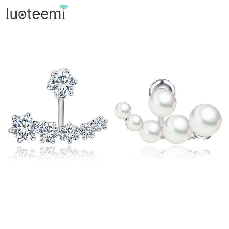 LUOTEEMI, хорошие продажи, белое золото, цвет, роскошные женские свадебные Асимметричные инкрустационные циркониевые Двухсторонние серьги с имитацией жемчуга