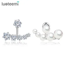 LUOTEEMI, хорошие продажи, белое золото, цвет, роскошные женские свадебные Асимметричные инкрустационные циркониевые Двухсторонние серьги с имитацией жемчуга