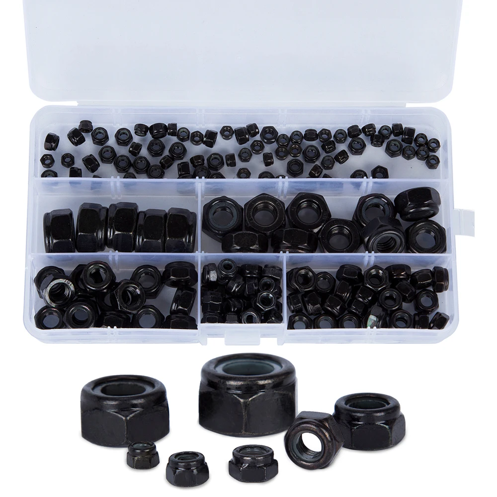 

165pcs M3-M12 Nylon Hex Screw Nut Nylon Black Hex Nut M3 M4 M5 M6 M8 M10 M12 Insert Lock Nut Hardware Fasteners Kit with Case