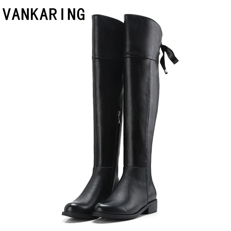 

VANKARING new fashion winter warm snow boots women over the knee high boots black beige leather female square heels winter shoes