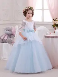 Милое бальное платье из тюля с короткими рукавами, светло-голубое платье с открытой спиной, великолепное платье для девочек с цветочным