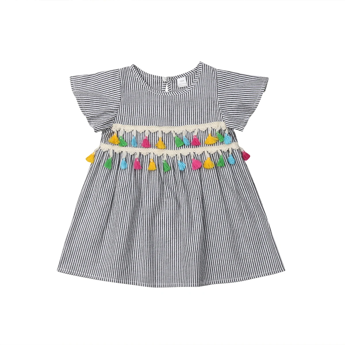 

2019 Brand New Summer Infant Kid Baby Girl T-Shirts Tops Short Sleeve Pullover Colorful Tassel Striped Tops Tee Mini Dress 1-6Y