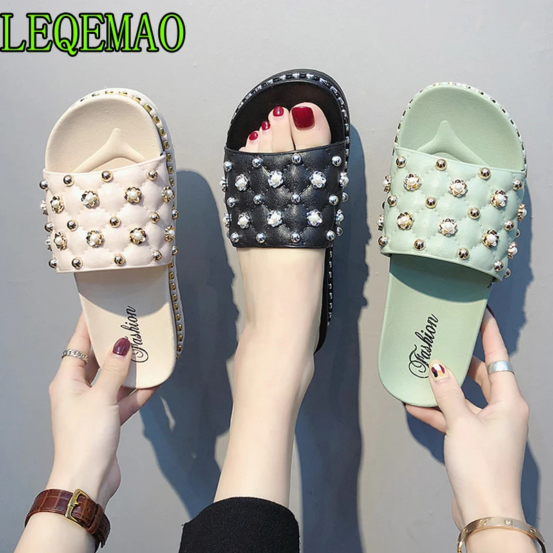 

Flat Slippers Women Summer Shoes Pearl Flower Female Casual Shoes Platform Slippers For Woman Black Slipper Summer 2019