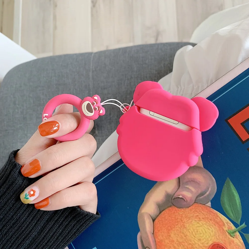 Ring Strap Cartoon Peanuts Dog 3D Pink Bear Lotso Silicone Earphone Case For Apple AirPods 1 2 Headphone Wireless Charging Box