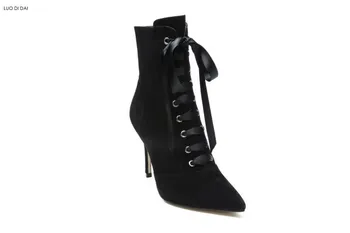 

2020 new women black suede boots side zip women ankle booties thin heel lace up boots ladies point toe short boots