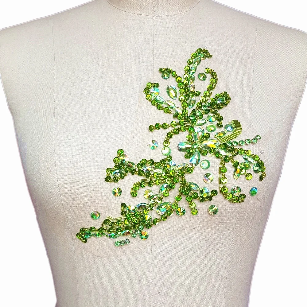 

HANDMADE Green Crystal Crafts Sequins Beads Patches Sew on AB Rhinestones Applique Stones For Decoration 18x24cm For Clothes Diy