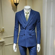 XM GEEKI европейский и американский джентльмен чистый синий двубортный мужской костюм мужской Британский Свадебный костюм Блейзер 365wt44