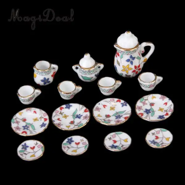 MagiDeal 15Pcs 1/12 Scale Dollhouse Miniature Dining Ware Porcelain Tea Set Plate Floral Print for Home Office Coffee Decor Gift